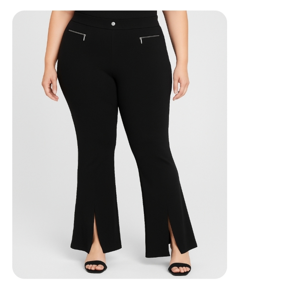 THRILL‎ Women’s 2X Black Flare Pants Faux Zip Pockets Split Hem Stretch Comfy